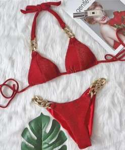 Halter Chains Rhinestone Diamond Bikini Women Swimsuit Female Ribbed Swimwear Two Pieces Bikini set Brazilian Bathing Suit Swim - AliExpress