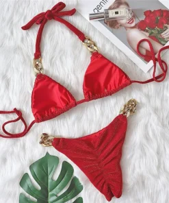 Alternative view of Halter Chains Rhinestone Diamond Bikini Women Swimsuit Female Ribbed Swimwear Two Pieces Bikini set Brazilian Bathing Suit Swim - AliExpress